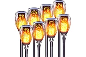 LazyBuddy Solar Lights Outdoor, Large Size Solar Torch Light with Flickering Flame, IP65 Waterproof Realistic Fire Effect Tiki Torches for Garden, Patio, Pathway Decor (8-Pack Value Set)
