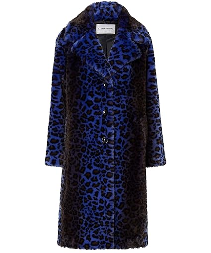 Women Blue soft leoppard print jaket faux fur decorate