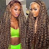 Huirslex 30 Inch Highlight Ombre Deep Wave Lace Front Wigs Human Hair Wig 13x6 Honey Blonde Wig Human Hair HD Glueless Deep Wave Wig 4/27 Colored Wet and Wavy Curly Wig Pre Plucked for Women