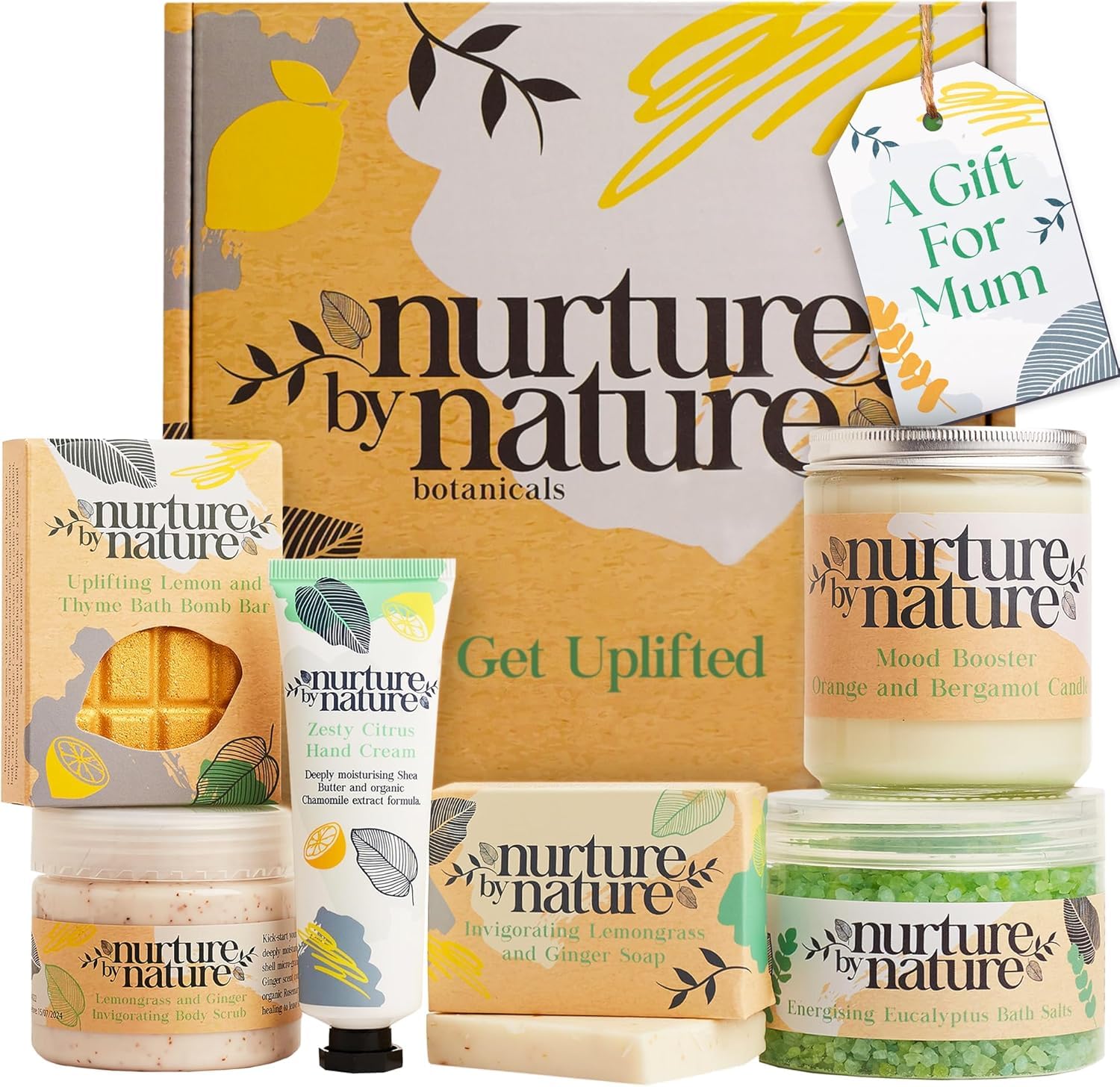 NURTURE BY NATURE Spa Gift Set – 6 Piece Uplifting Pamper Gift Set for Women with Soap, Body Scrub, Hand Cream & Candle – Vegan - Valentines Gifts for Her, Mothers Day Gifts, Self Care Birthday Gift