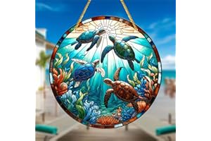 JUNWALL Sea Turtles Acrylic Window Hanging, Colourful Ocean Creatures Stained Acrylic Window Decor Hanging Ornaments Indoor Outdoor Garden Stained Art Panel Gift for Women Christmas Thanksgiving