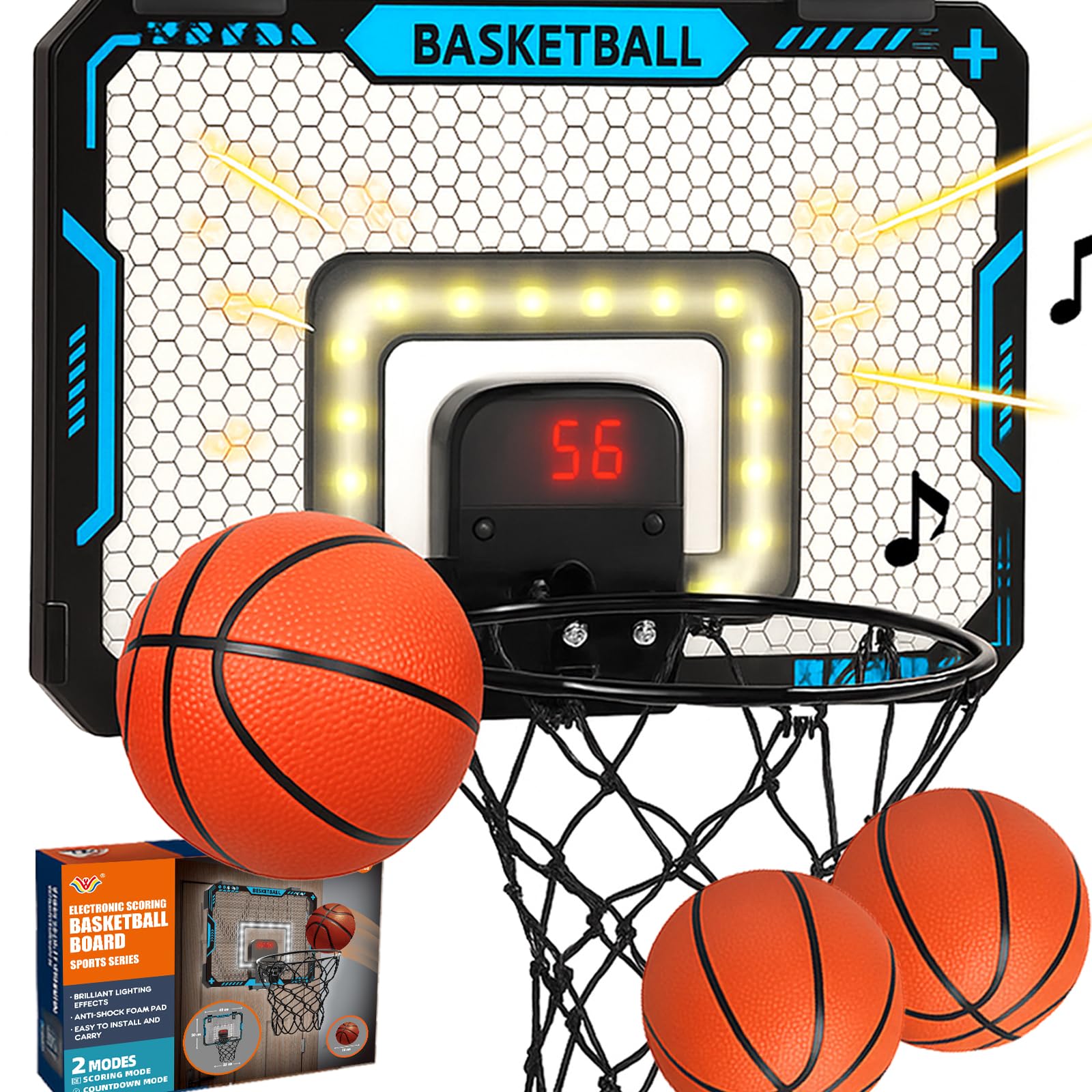 Mini Basketballkorb Indoor Kinder fürs Zimmer, Basketball Korb mit Elektronische Anzeigetafel, Faltbar, 3 Basketball, Sport Basketball Spielzeug Geschenke für Jungs Jungen (Blau)