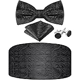 JUNMEISI Paisley Cummerbund and Bow Tie Set Adjustable Formal Men's Cumberbund Tuxedo Bowtie Cufflinks Set & Pocket Squares