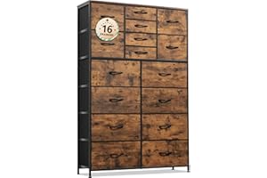 NASHZEN Dresser for Bedroom with 16 Drawers, Tall Fabric Chest of Drawers Storage Organizer with Steel Frame, Wood Top for Bedroom, Hallway, Closet, Wood Grain Print Rustic Brown