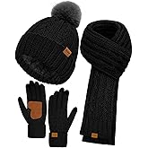 Womens Winter Beanie Hat Scarf Gloves Set, Fleece Lined Knitted Hat with Pompom Long Scarf Touchscreen Mittens for Women Men