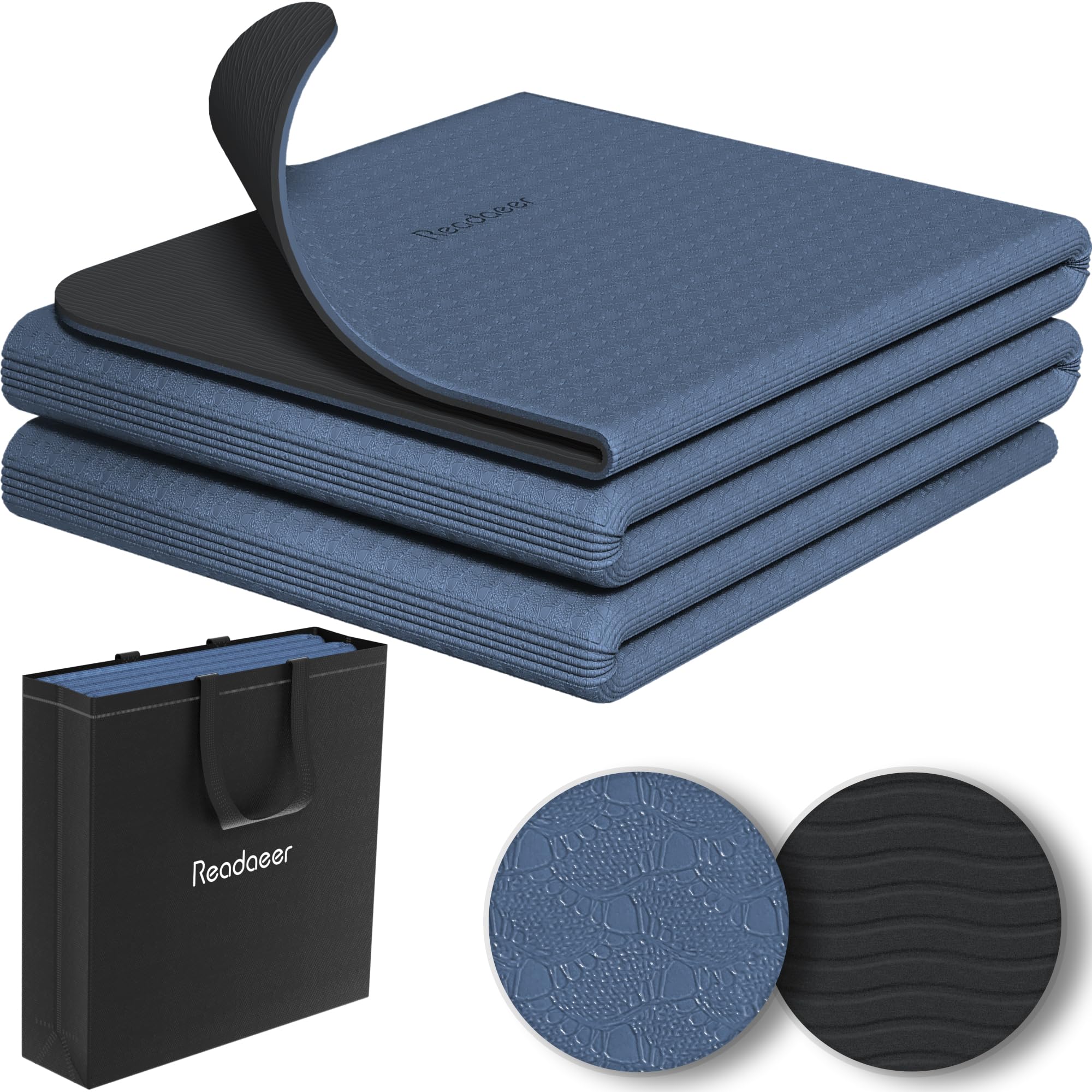 Photo 1 of Readaeer Foldable Yoga Mat for Travel Folding Yoga Mat 6mm Thick with Carrying Bag, Non-Slip TPE Exercise Pilates Mat for 72" L x 24" W x 0.24 Inch (Blue)