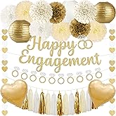 Kriyokiaa 17 Pcs Engagement Party Decorations, Gold Engaged Party Decor with Happy Engagement Banner, Hanging Balloons Paper Pom Poms Lanterns, Tassels for She Said Yes Just Engaged Decoration