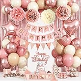 Blush Pink Birthday Decorations, Rose Gold Nude Party Décor with Foil & Latex Balloons Sash Fringe Curtains Happy Birthday Banner Cake Topper Paper Pompoms Party Decor for Women Girl