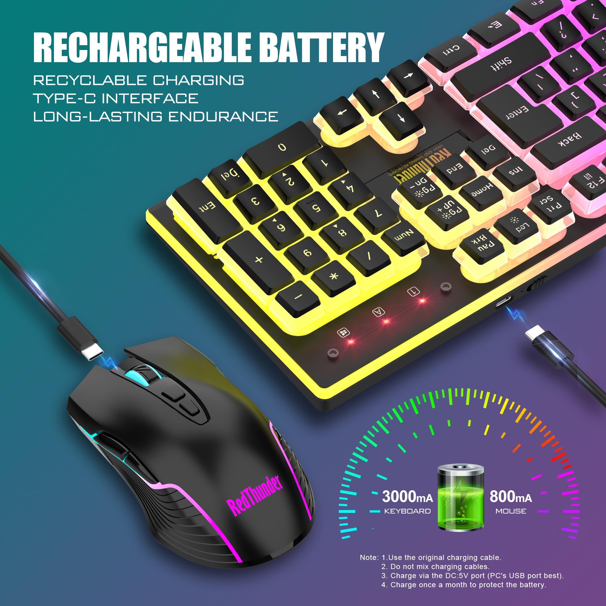 RedThunder K10 Wireless Gaming Keyboard and Mouse Combo, RGB Backlit Rechargeable 3800mAh Battery, Mechanical Feel Anti-ghosting Keyboard with Pudding Keycaps + 7D 3200DPI Mice for PC Gamer (Black)