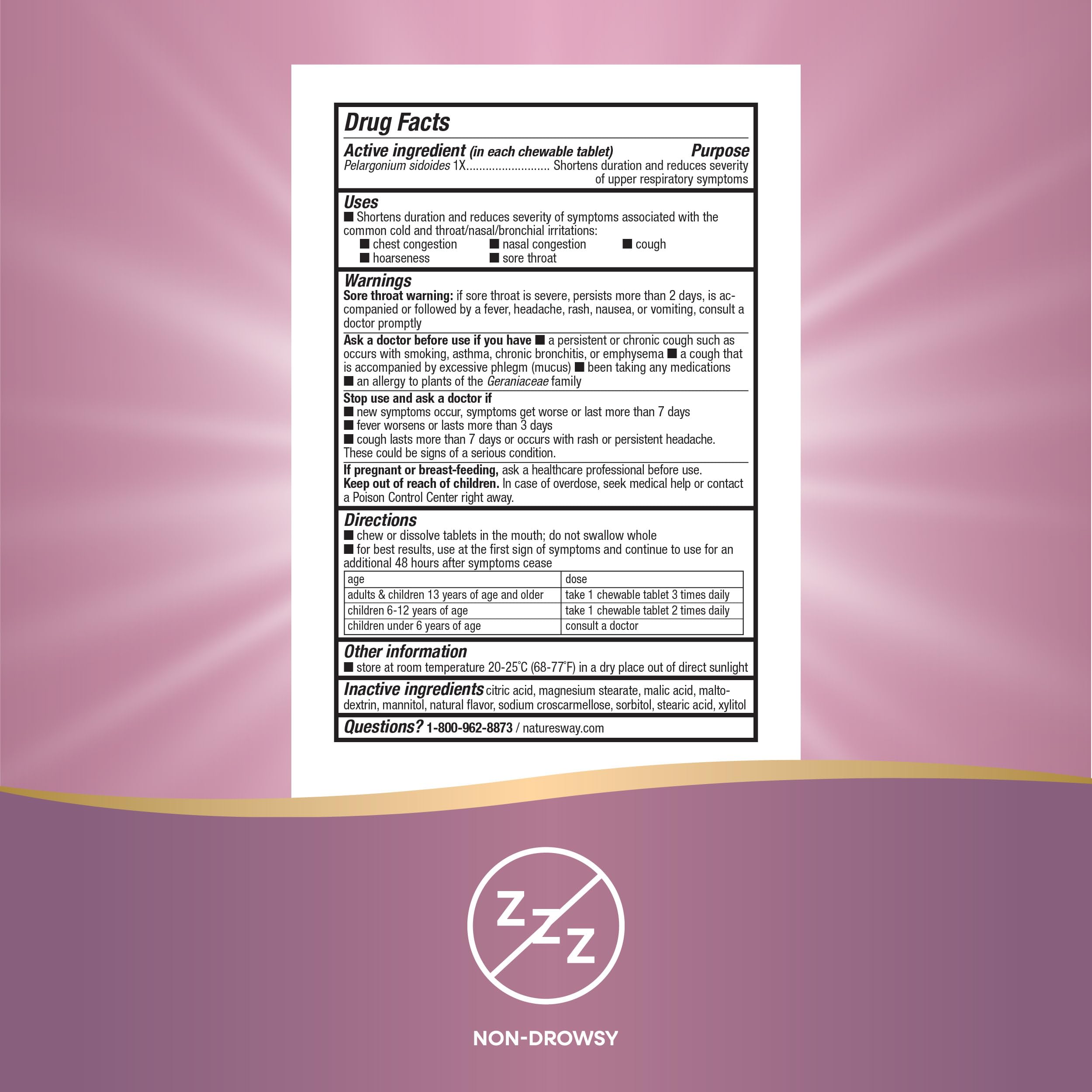 Nature's Way Kids Umcka Cold Relief Chewables, Ages 6+, Shortens Duration and Reduces Severity, Multi-Symptom Cold Remedy, Non-Drowsy, Cherry Flavored, 10 Tablets