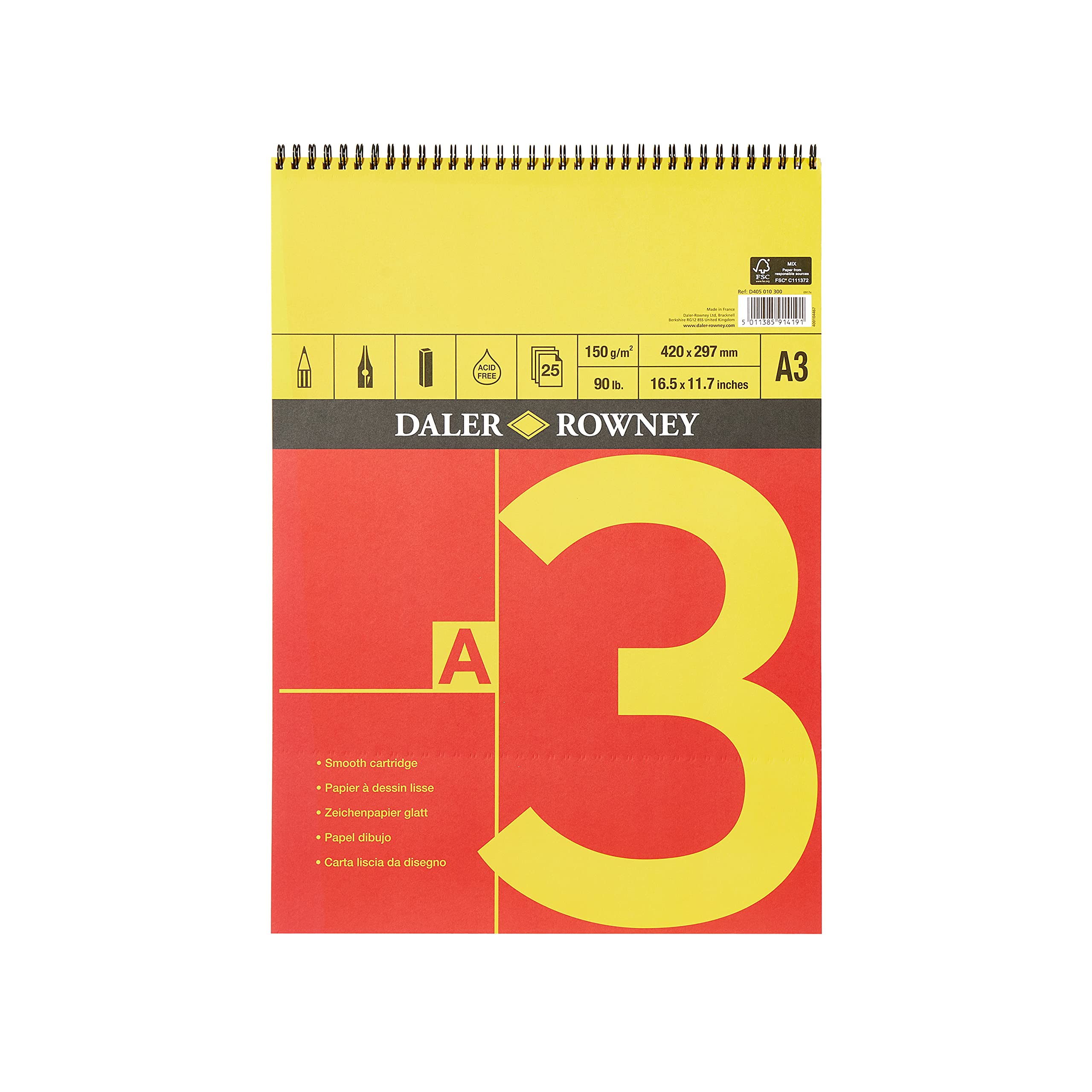 Daler-Rowney Red and Yellow Smooth Surface 150gsm A3 Drawing Paper Smooth Surface Spiral Pad, Acid-free, 25 Sheets, Ideal for Professional Artists & Students