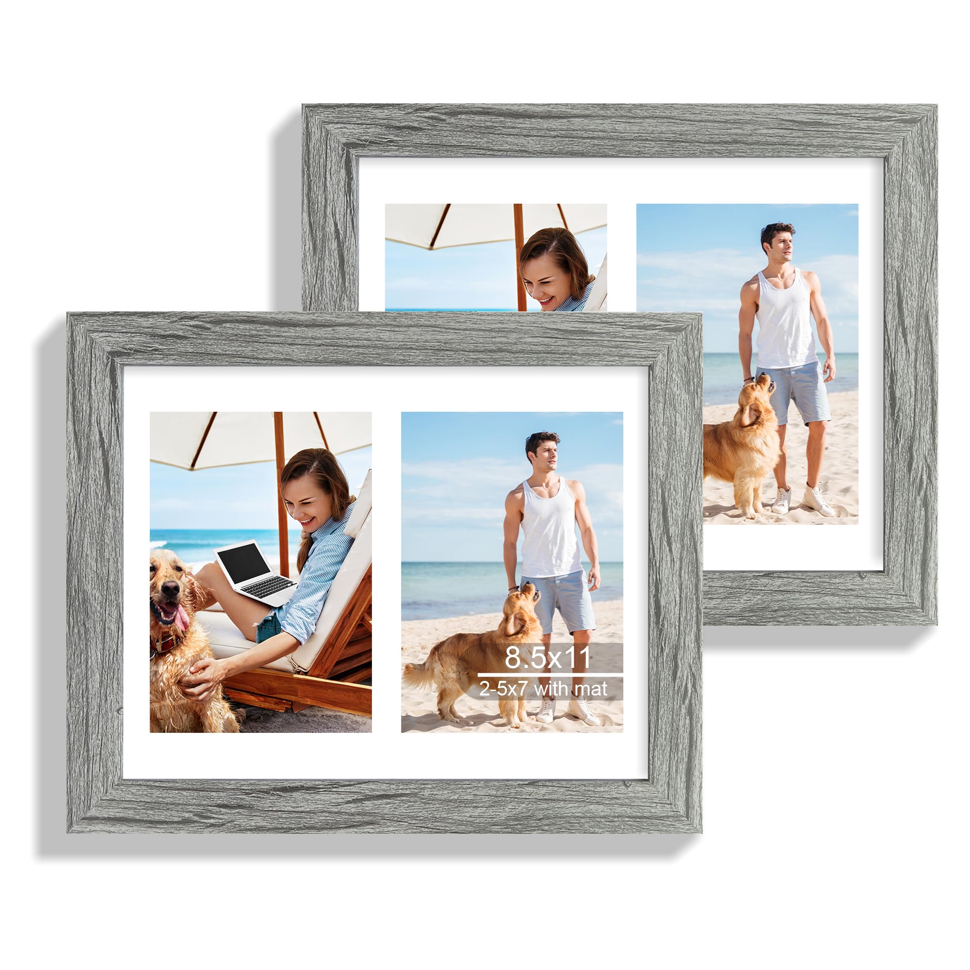 Photo 1 of Hongkee 8.5x11 Picture Frame Set of 2, Gray Certificate Document Frames with Glass Collage Frame, Display Pictures Two 5x7 With Mat or 8.5 x 11 Without Mat - Horizontal or Vertical Wall Mounting