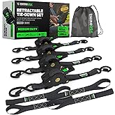 Rhino USA Retractable Ratchet Straps (4-Pack) - 1 Inch x 10 Feet (1,209lb Break Strength) - Auto Self Retracting Tie Down Straps for Truck, Cargo Trailer, Motorcycle, ATV, UTV - Black