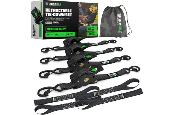 Rhino USA Retractable Ratchet Straps (4-Pack) - 1in x 10ft, Black | 1,209lb break strength, auto self retracting design. For truck, cargo trailer, motorcycle, ATV & UTV tie downs. Black