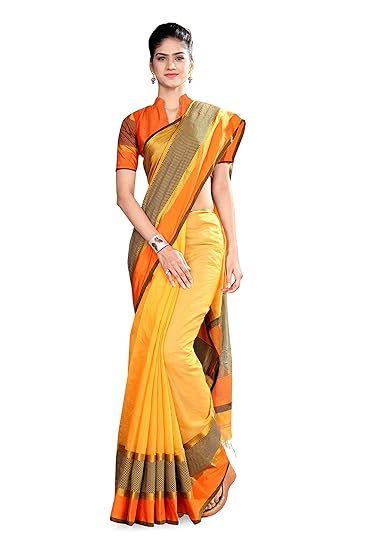Uniform Sarees Womens Poly Cotton Saree With Blouse Piece(D.No-801/2019_Yellow_Orange)