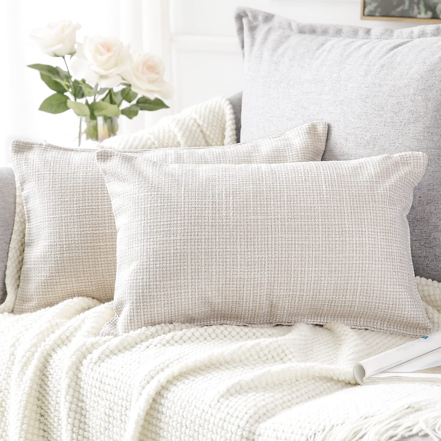 Artscope Beige Cushion Cover Set of 2 Linen Decorative Square Pillowcase Pillow Cover 30x50cm for Home Decor Sofa Bedroom Car 12x20 Inch