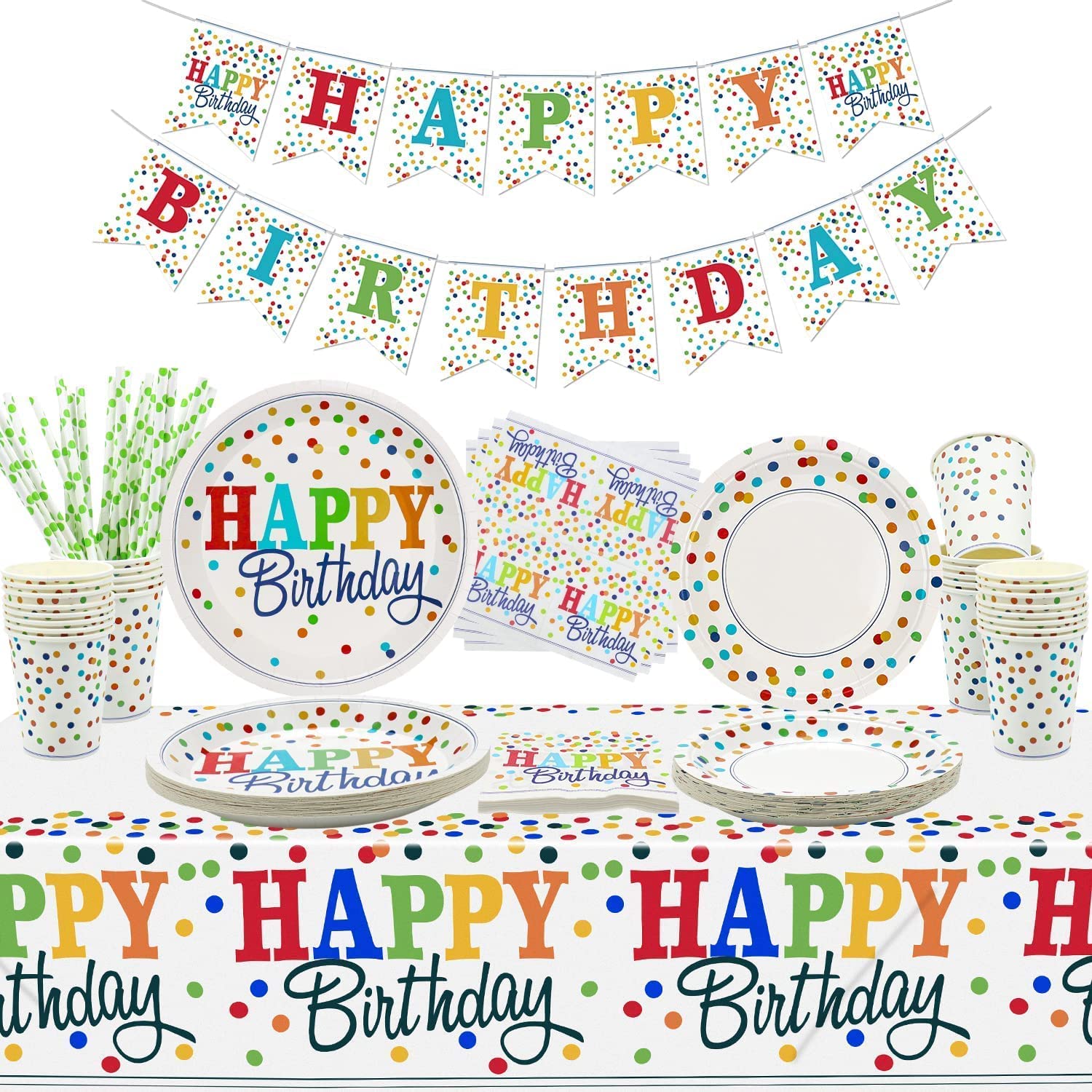 Rainbow Party Supplies - Birthday Banner, Colorful Mini Polka Dot Paper Plates, Napkins, Cups, Tablecloth, and Straws for Kid Adult Party Decorations, Serves 20 Guests