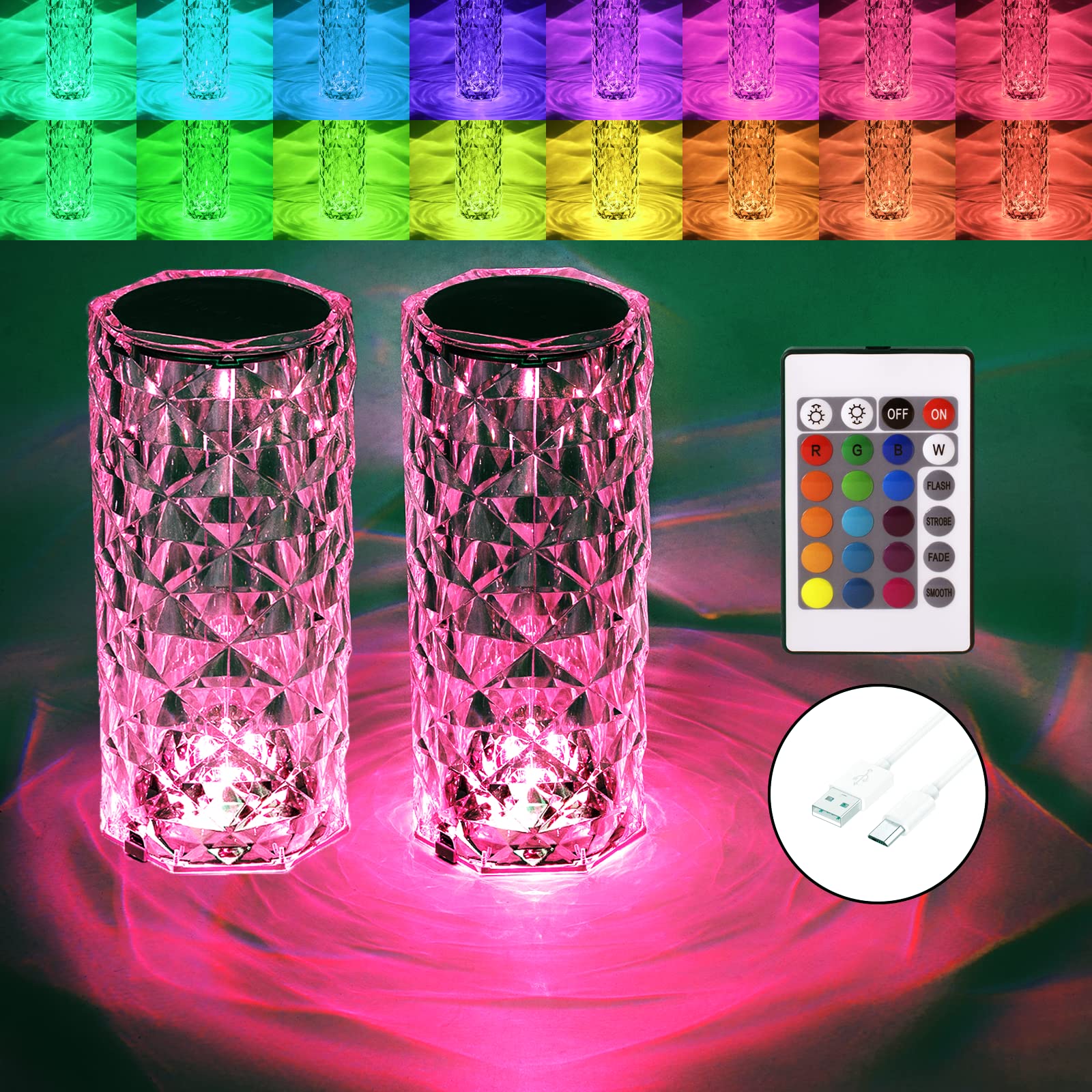 Photo 1 of Crystal Table Lamp RGB Color Changing Night Lights (2 Pack) Crystal Rose Diamond Touch Lamp for Bedroom Living Room Decor (Remote & Touch Control)