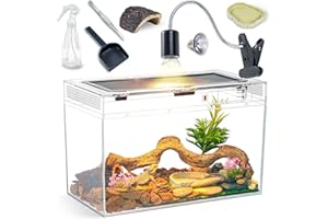 BINANO 16×10×8'' Reptile Tank Kit with Heat Lamp, Spray Bottle, Shovel, Tweezers, Food Bowl, Hideout -Perfect for Geckos, Bearded Dragons, Snakes, Lizards, Turtles 360° Viewing, PC Glass