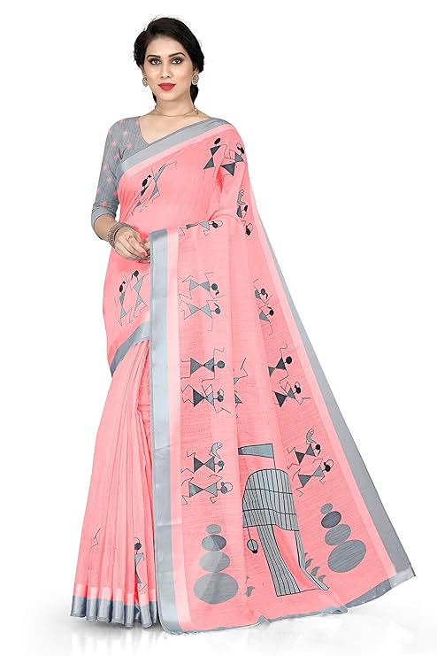 Cotton Blend Tribal Print Pattern Saree For Women With Blouse Piece