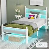 Gohapnis Twin Bed Frames with Headboard and Footboard,White Metal Platform Bed Frame with RGB LED Lights and USB Charging Station,Under Bed Storage,No Box Spring Needed,Suitable for Bedrooms