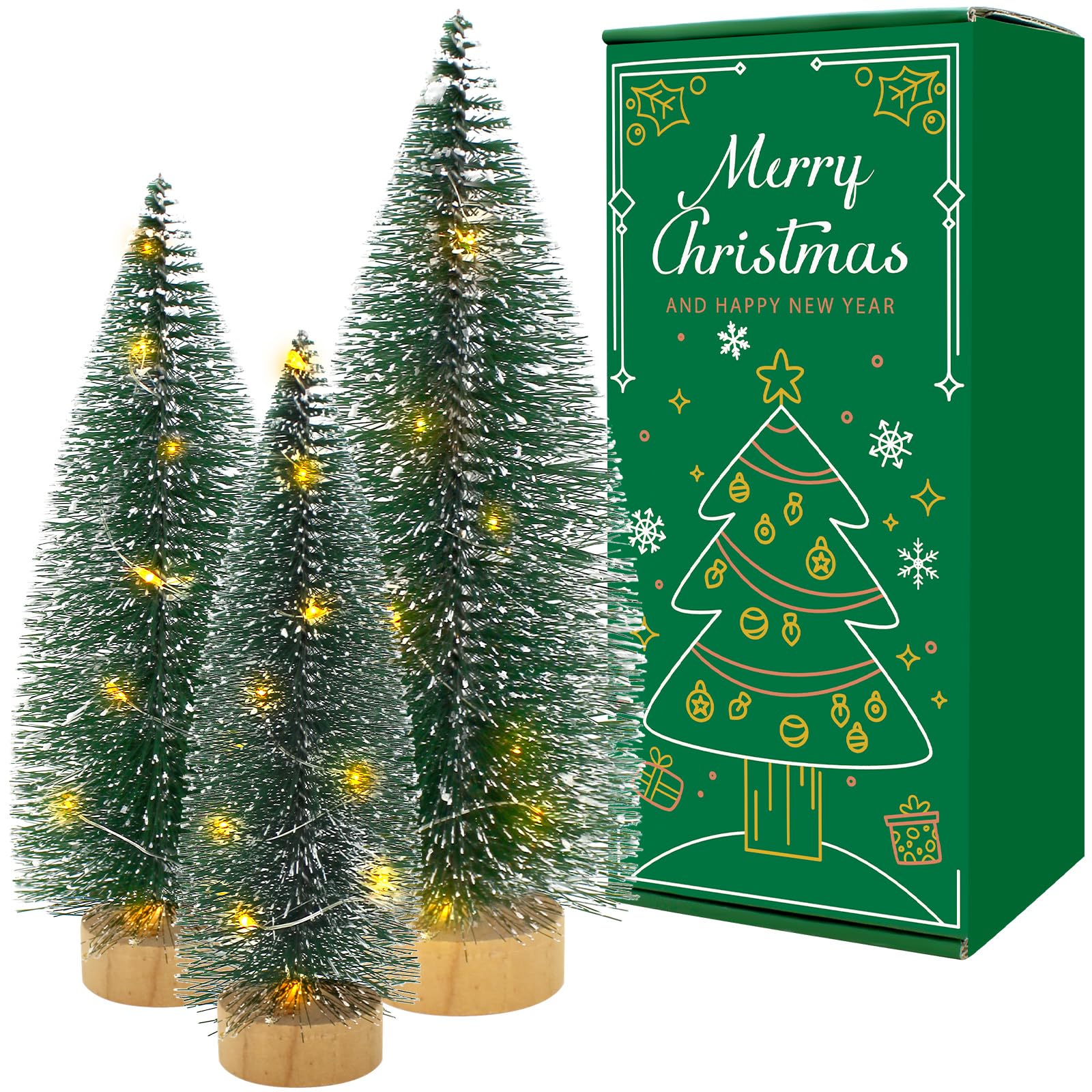 Photo 1 of 3 PCS Mini Bottle Brush Christmas Trees with Lights, Miniature Tabletop Christmas Tree for Christmas Decorations Indoor, Desktop Pine Tree Xmas Holiday Decor