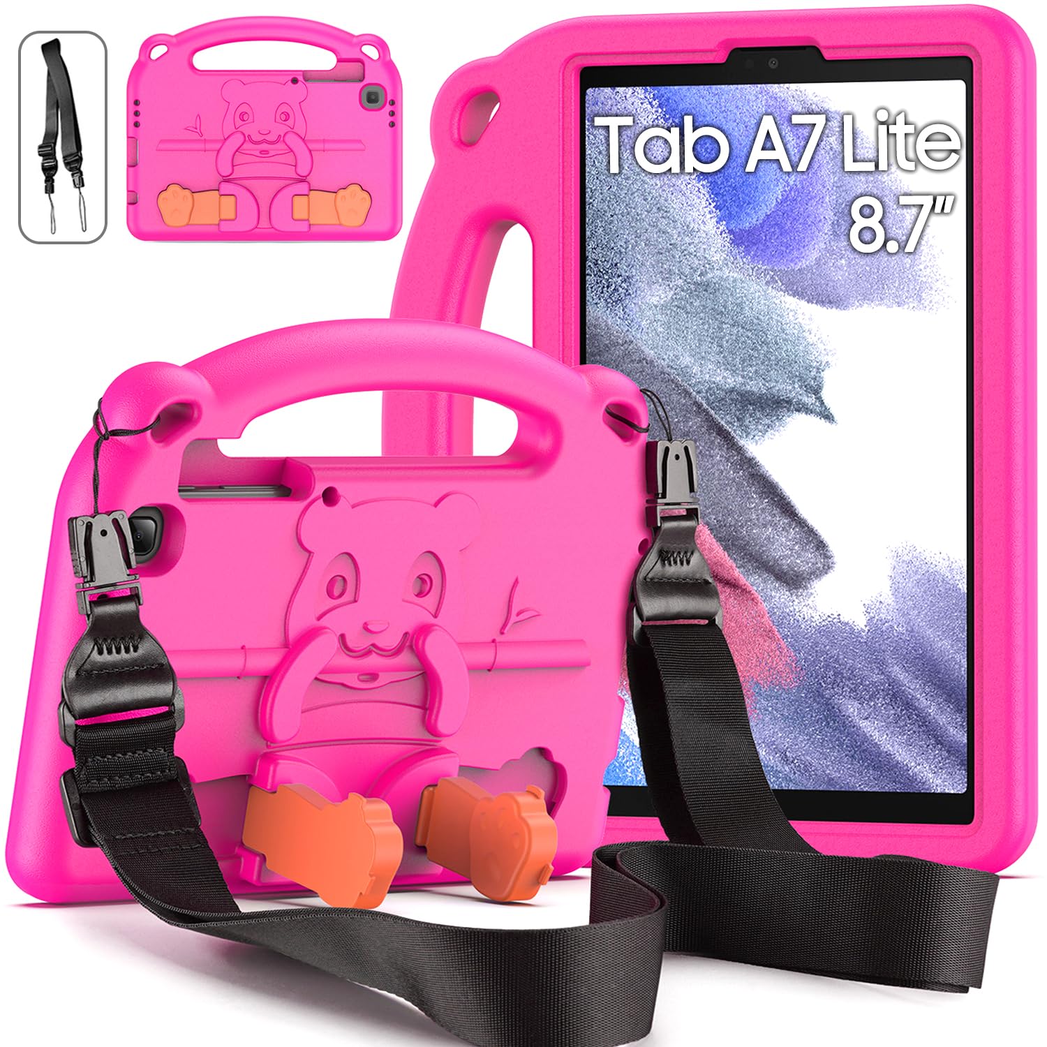 DUZZONA Kids Case for Samsung Galaxy Tab A7 Lite 8.7 Inch 2021(SM-T220/T225/T227),Lightweight Shockproof Case with Shoulder Strap, Handle Kickstand Cover for Tab A7 Lite, Magenta