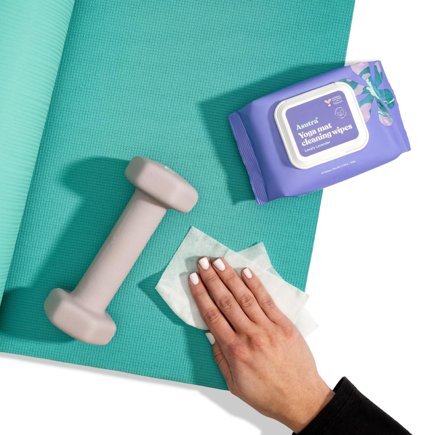 ASUTRA Yoga Mat Cleaning Wipes (Lovely Lavender), 1 Pouch (30 Wipes) - No Slippery Residue, Deep-Cleansing for Fitness Gear & Gym Equipment