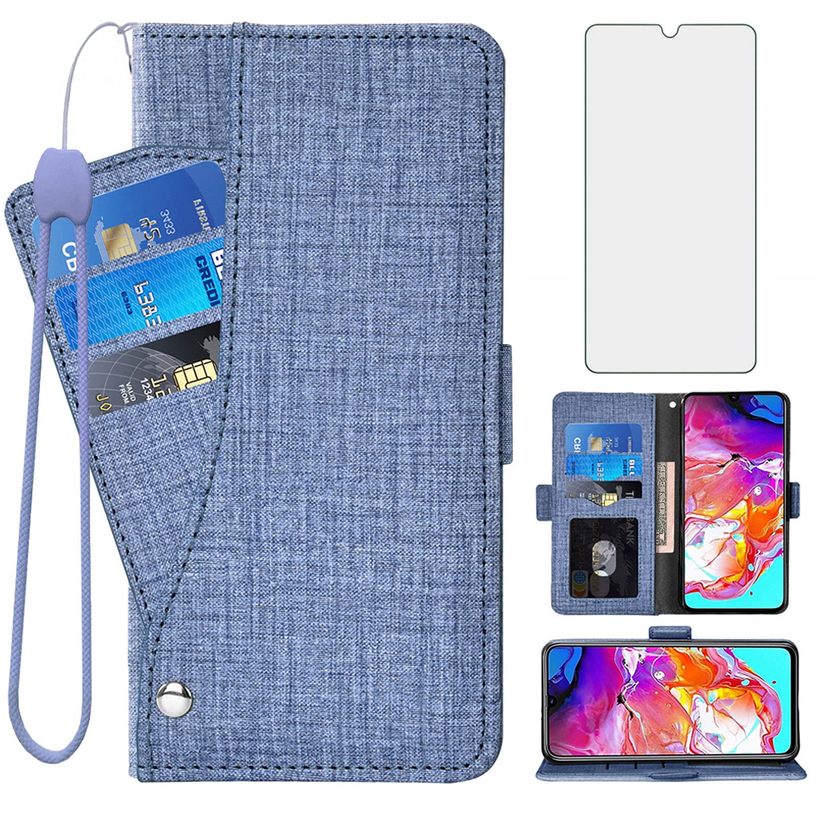 Asuwish Compatible with Samsung Galaxy A70 Wallet Case Tempered Glass Screen Protector and Flip Cover Card Holder Stand Cell Accessories Phone Cases for Glaxay A70S A 70 Gaxaly 70A S70 Women Men Blue