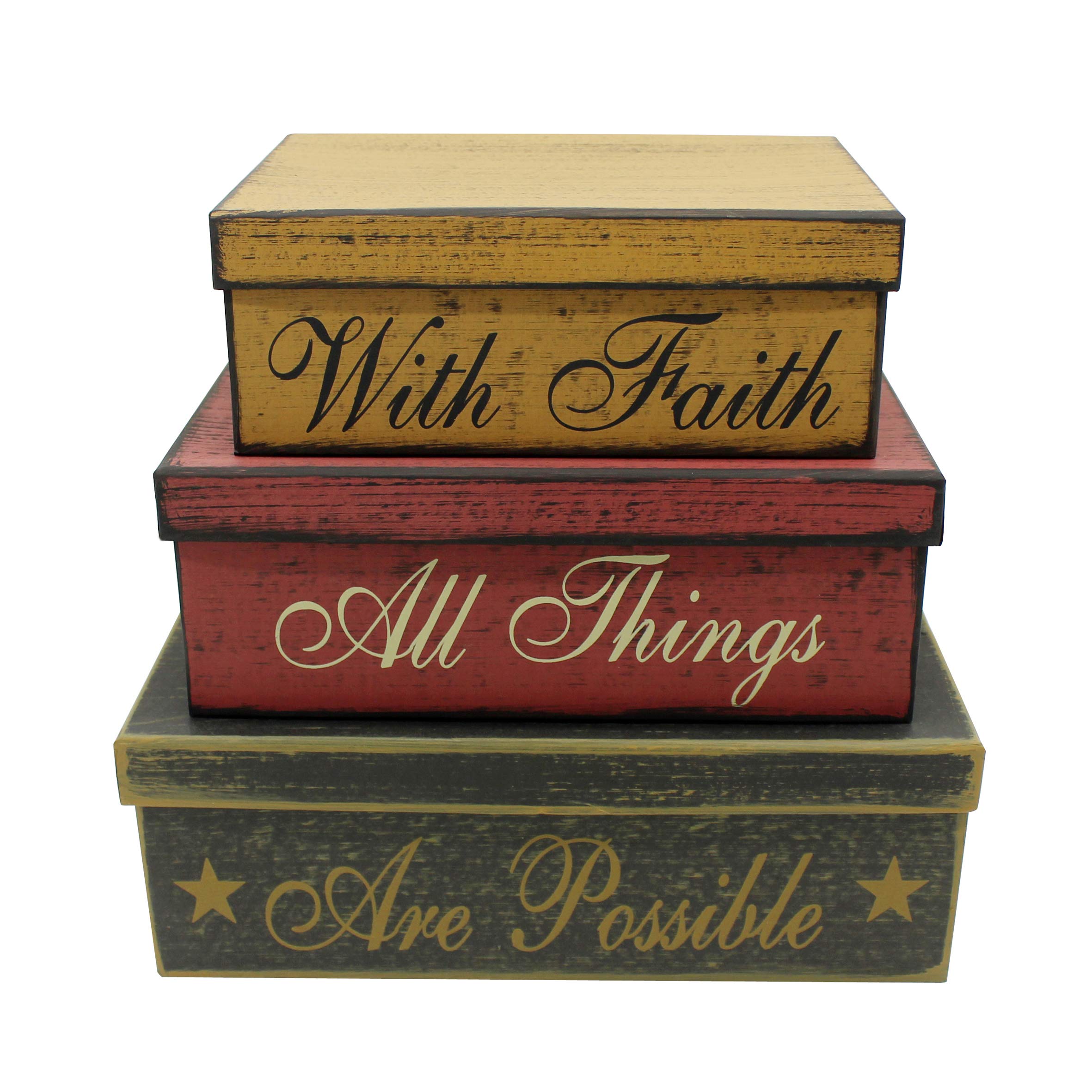 CVHOMEDECO. Primitives Vintage Rectangular Cardboard Nesting Boxes With Faith All Things Are Possible for Photos Memories Keepsakes and Home Decor., Large 12 X 8 X 4 Inch. Set of 3.
