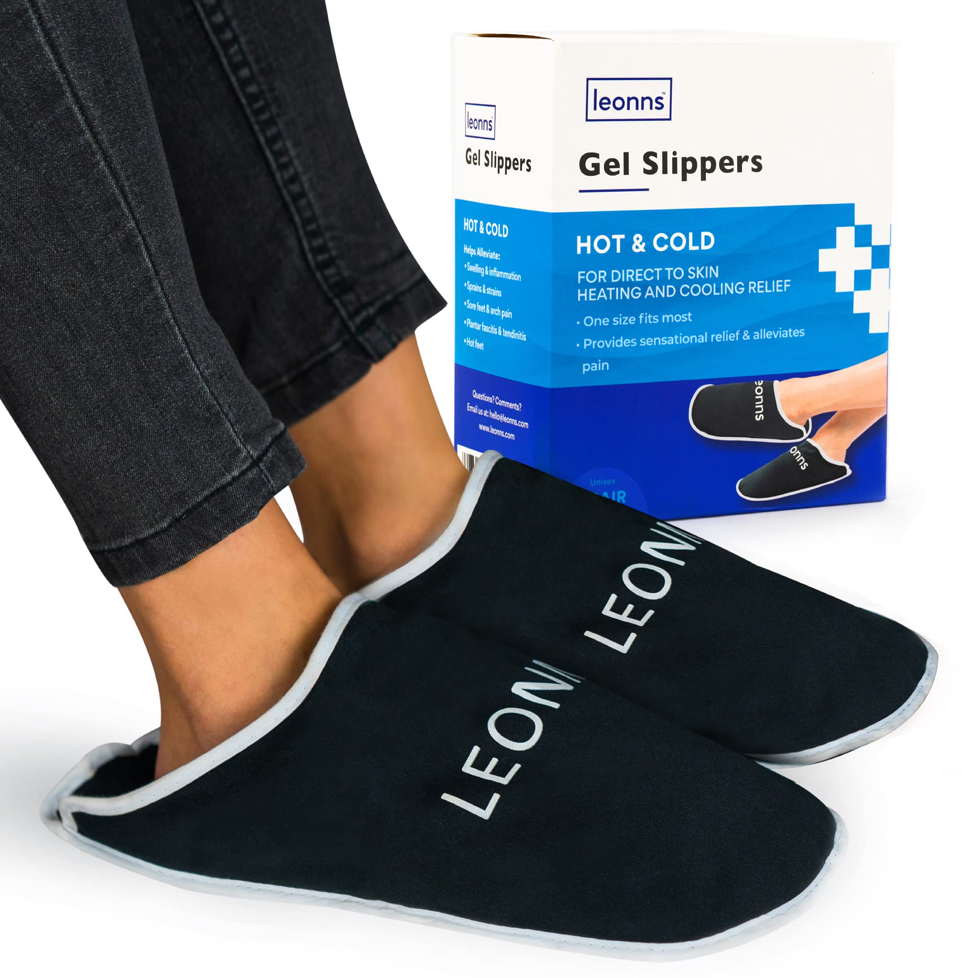 Photo 1 of LEONNS Gel Ice Pack Slippers - Provides Hot and Cold Therapy for Foot Pain, Neuropathy Pain Relief for Feet, Gout Relief, Swollen Feet, Plantar Fasciitis and Heel Spurs- One Size Fits Most (Black)