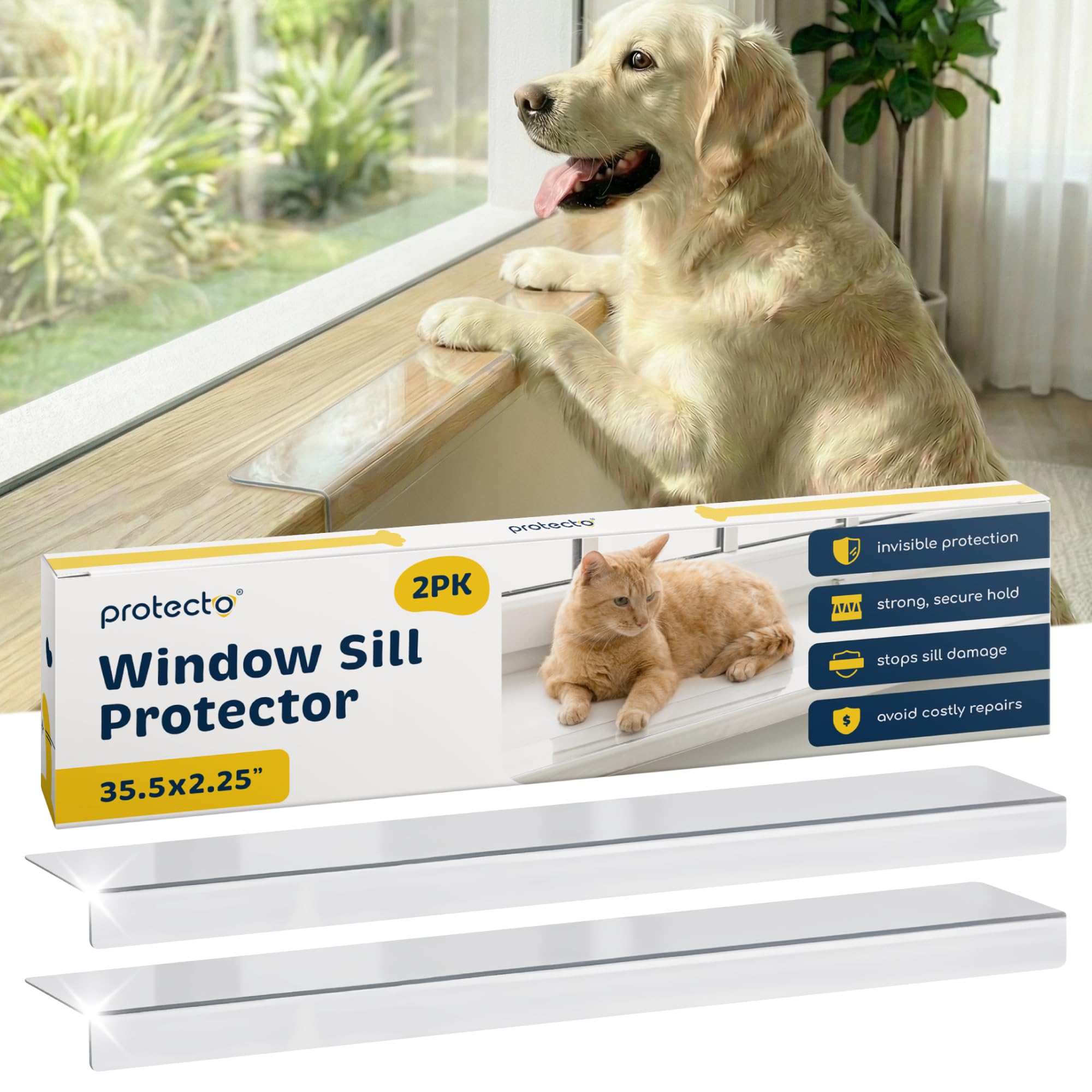 Protecto Clear Window Sill Protector - 2-Pack 90X6cm Ultra-Strong Window Guards from Dog & Cat Scratching Chewing & Clawing, Keep Your Sill Smooth & Paws Safe, Anti Scratch Window Sill Cover