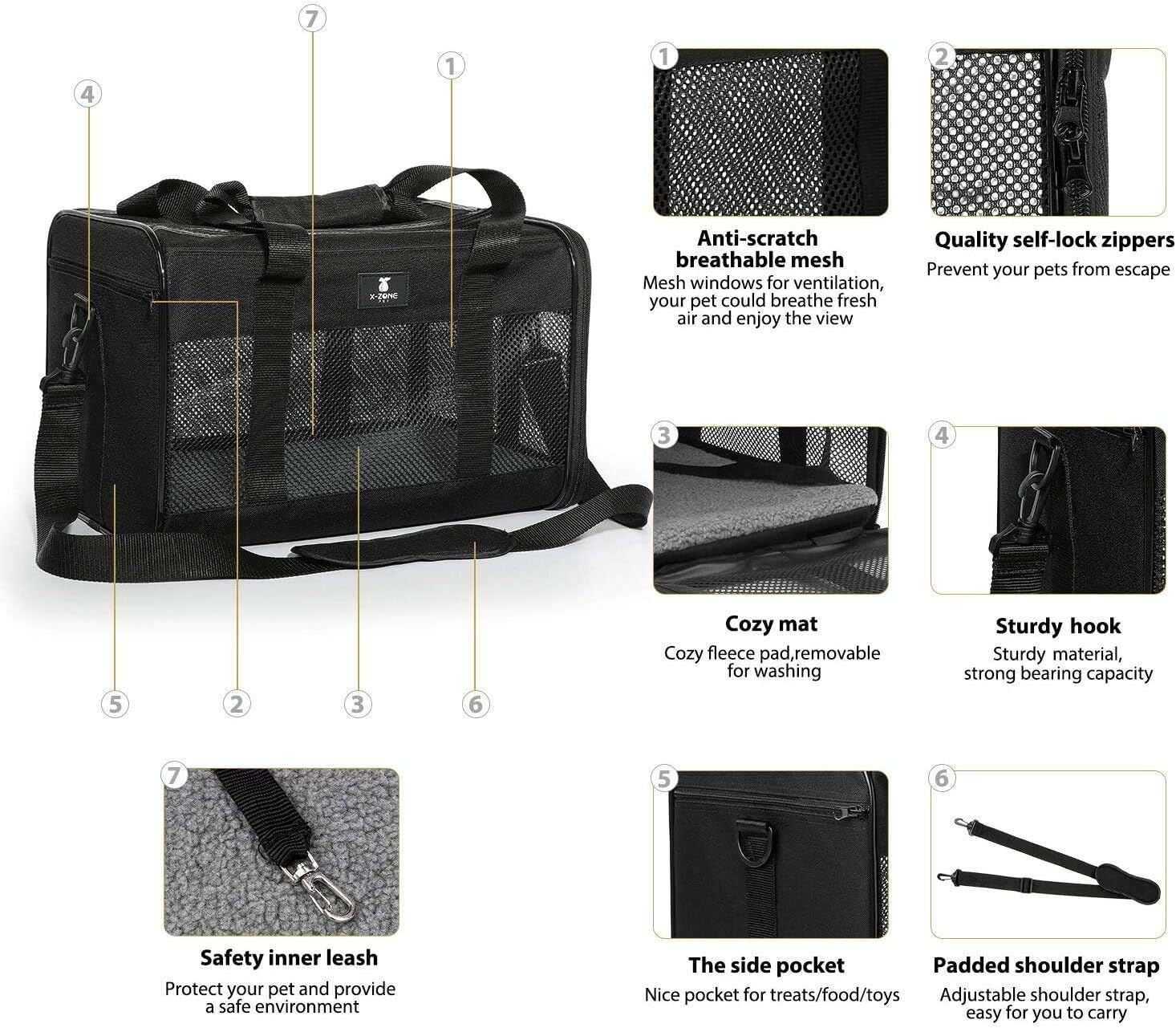 X-ZONE PET Airline Approved Soft-Sided Pet Travel Carrier for Dogs and Cats, Medium Cats Small Cats Carrier, Dog Carrier for Small Dogs, Portable Pet Travel Carrier, Black : Pet Supplies