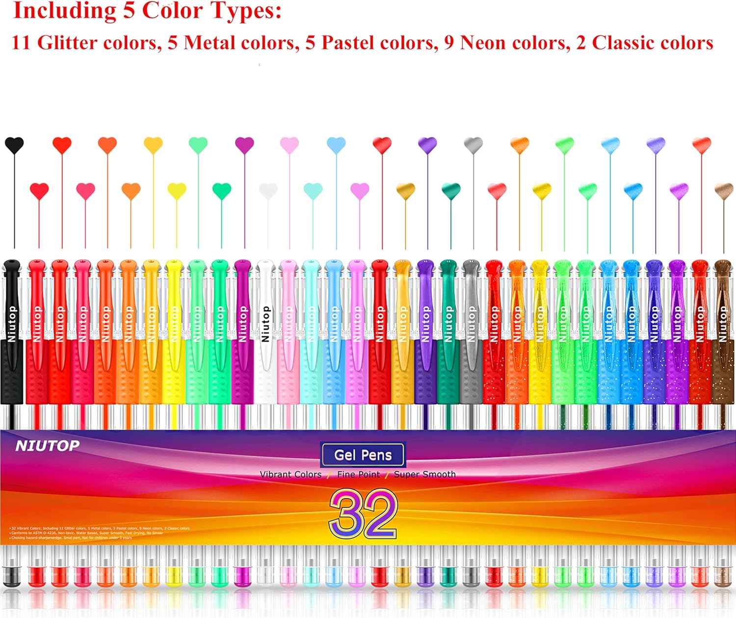 Gel Pens for Adult Coloring Books, 32 Colors Gel Marker Set Colored Pen with 40% More Ink for Kids Drawing, Doodling, Bullet Journaling, Crafts Scrapbooks and Taking Note : Office Products