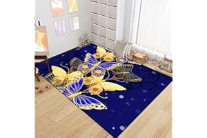 FJKJHKGJ Butterfly Rugs for Girls Bedroom Decor Royal Blue Butterfly with Gold Butterfly Print Carpets Washable Butterfly Theme Floor Polyester Mats for Teen Girls Women, 2'5''×4'