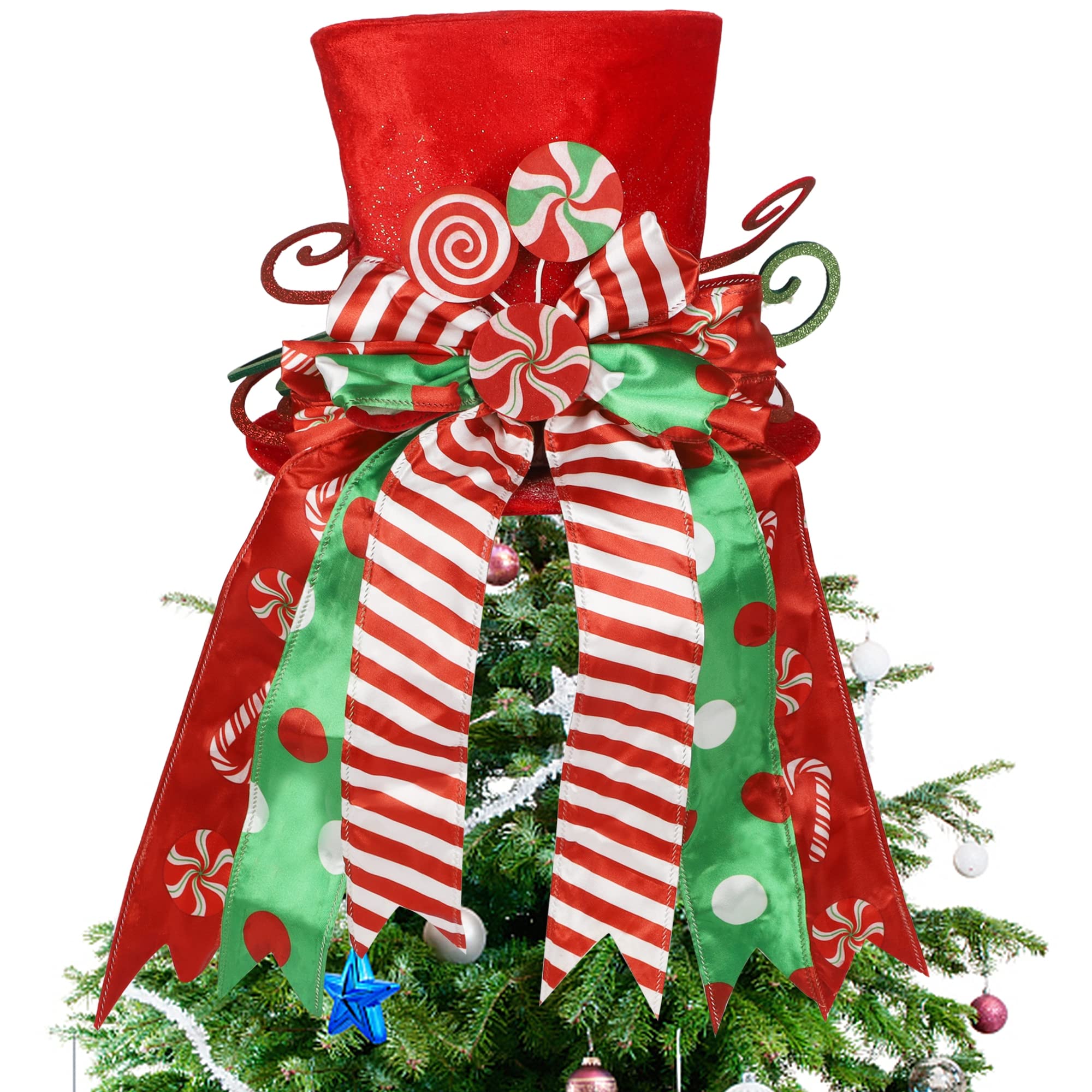 Photo 1 of yofit Christmas Tree Topper Hat, Large Red Hat with Striped Bow Ribbon & Lollipop, Christmas Tree Decorations Top Hat, Desktop Ornaments for Home Xmas Holiday Winter Decor