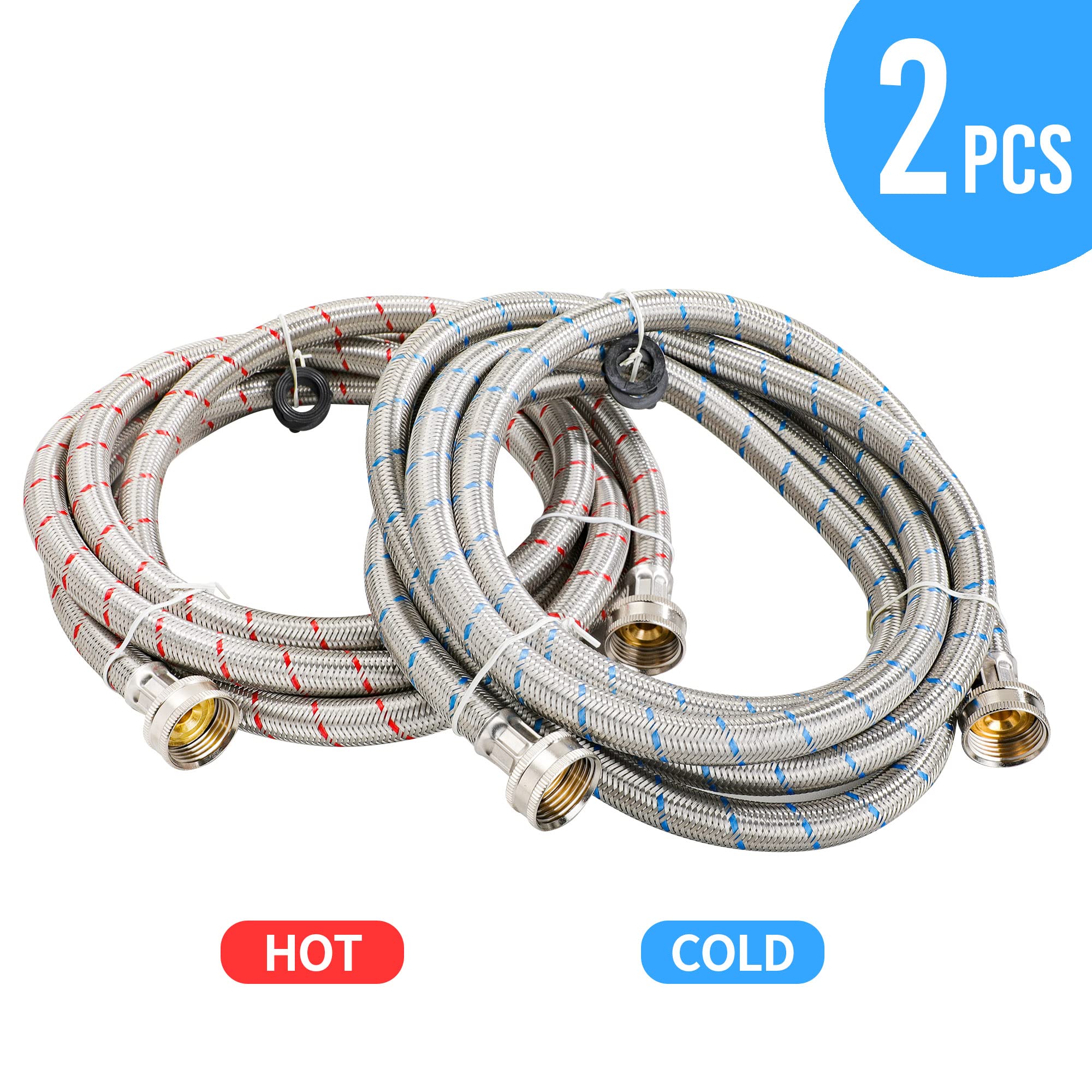 2 Pack 10 FT Stainless Steel Washing Machine Inlet Hose, Hot and Cold Water Washer Supply Hoses,3/4
