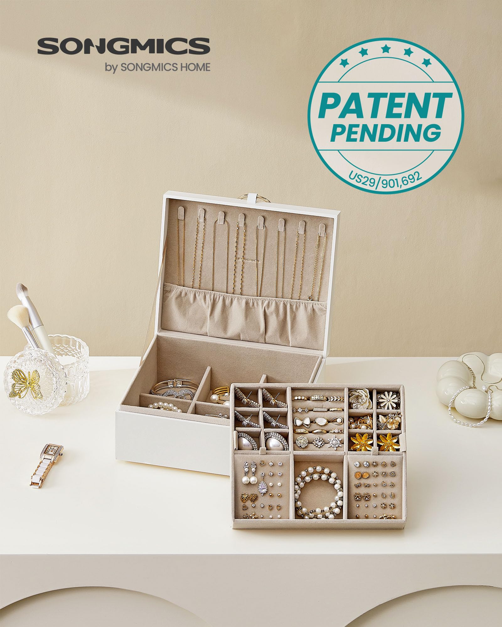 SONGMICS 2-Layer Jewelry Box, Jewelry Organizer with Handle, Removable Jewelry Tray, Jewelry Storage, Floating Effect, 8.1 x 9.4 x 4.3 Inches, Gift Idea, White UJBC165W01