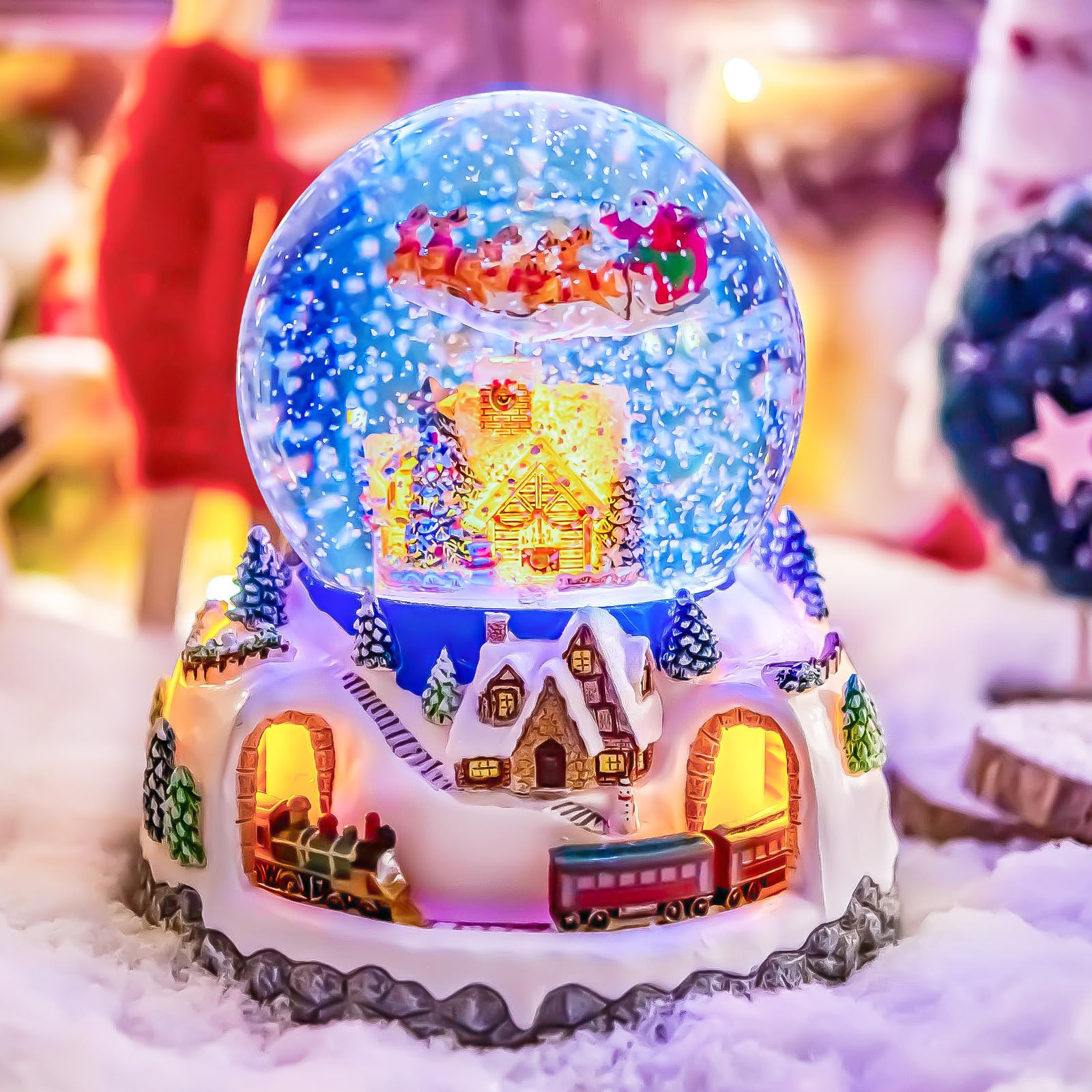 Photo 1 of Musical Rotating Santa Claus Flying Over Village,Automatic Snowfall,Train, Christmas Snow Globe Music Box Gifts, for Women Wife Mom Girlfriend Daughter, Xmas Present,Plays 48 Classic Christmas Carols