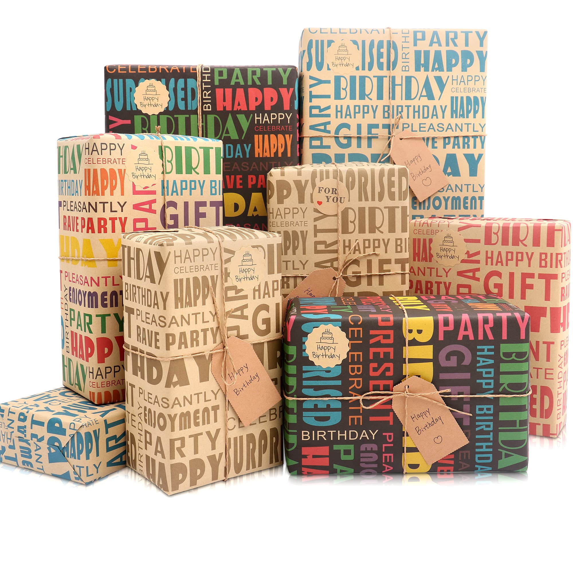 Birthday Wrapping Paper, 10 Sheets Colorful Brown Kraft Gift Wrap for Men Women, Vintage Gift Wrapping Paper Set with Stickers Tags and Rope for Birthday Baby Shower Holiday Party, 50x70cm