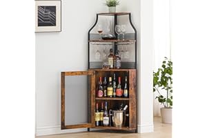 GAOMON Corner Bar Storage Cabinet, 5-Tier Farmhouse Liquor Cabinet with Glass Holder Wine Cabinet with Barn Door & Adjustable Shelf, Home Bar Storage for Home,Dining Room, Kitchen, Rustic Brown