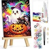 Arttoplus Halloween Paint by Numbers Kit for Kids with Frame 8x12 inch | Cute Ghost Black Cat Paint by Numbers for Kids Ages 8-12 with Wooden Easel, DIY Oil Painting by number for Gift Home Decor