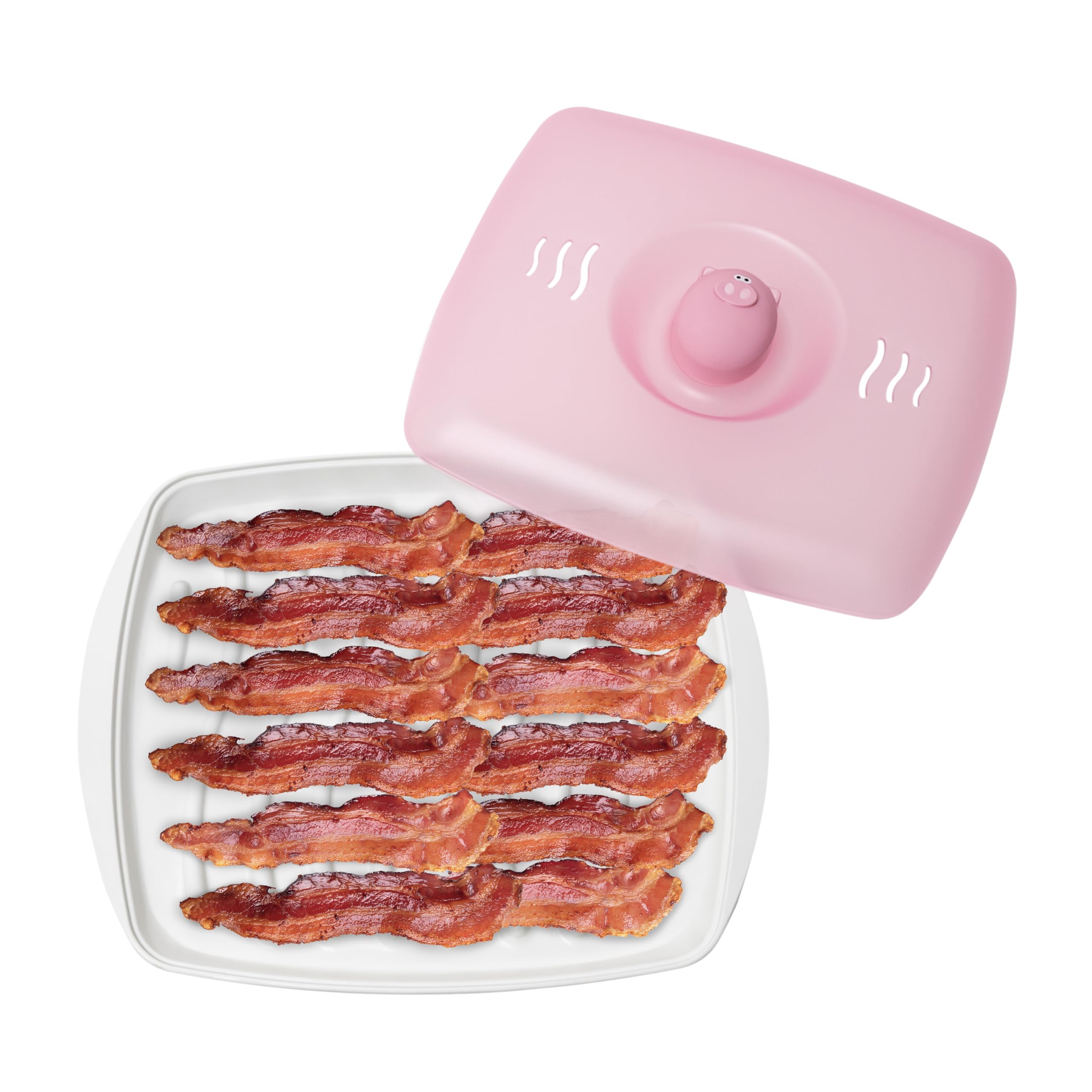Photo 1 of Joie Piggy Microwave Bacon Grooved Cooking Tray with Splatter Lid, Holds 4-5 Strips of Bacon, Easy to Clean, Convenient Kitchen Tool, BPA-Free, Dishwasher Safe