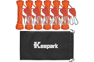 KEEPARK Camping Rope Tarp Tie Down Ropes with Ratchet System, Pulley & Reinforced Metal Gear - Heavy Duty Adjustable Guy Lines for Canopy Tent, Quick Setup Outdoor Strap (1/6-Inch Diameter x 16 Feet Long)