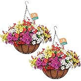 PABREY 2 Set Outdoor Artificial Hanging Baskets, 32 Pcs Artificial Flowers Hanging Planters for Spring Summer Front Porch Patio Yard Garden Home Decor (Purple, Yellow, Hot Pink, Creamy White)