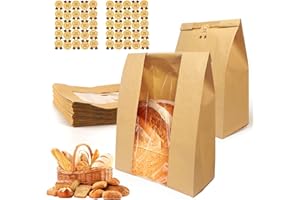 WNSIRVY 30 Pack Large Bread Bags for Homemade Sourdough Bread - Kraft Paper Storage Bakery Bags with Clear Window Bonus 50 Seal Stickers for Sourdough Sandwich (13.7x8.2x3.5 Inches, Brown)