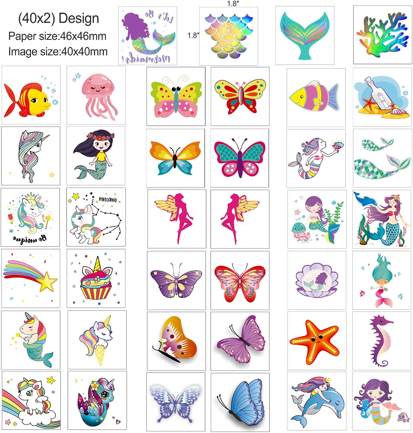 HOWAF 80pcs Temporary Tattoos for Kids Mermaid/Butterfly/Unicorn Tattoos for Kid Friendly Fake Waterproof Tattoo Sticker for Childrens Girls - Image 5