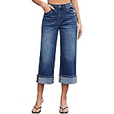 Vetinee Capris Jeans for Women Wide Leg High Waisted Trendy Fold Hem Summer Casual Stretchy Denim Jean Capri Pants