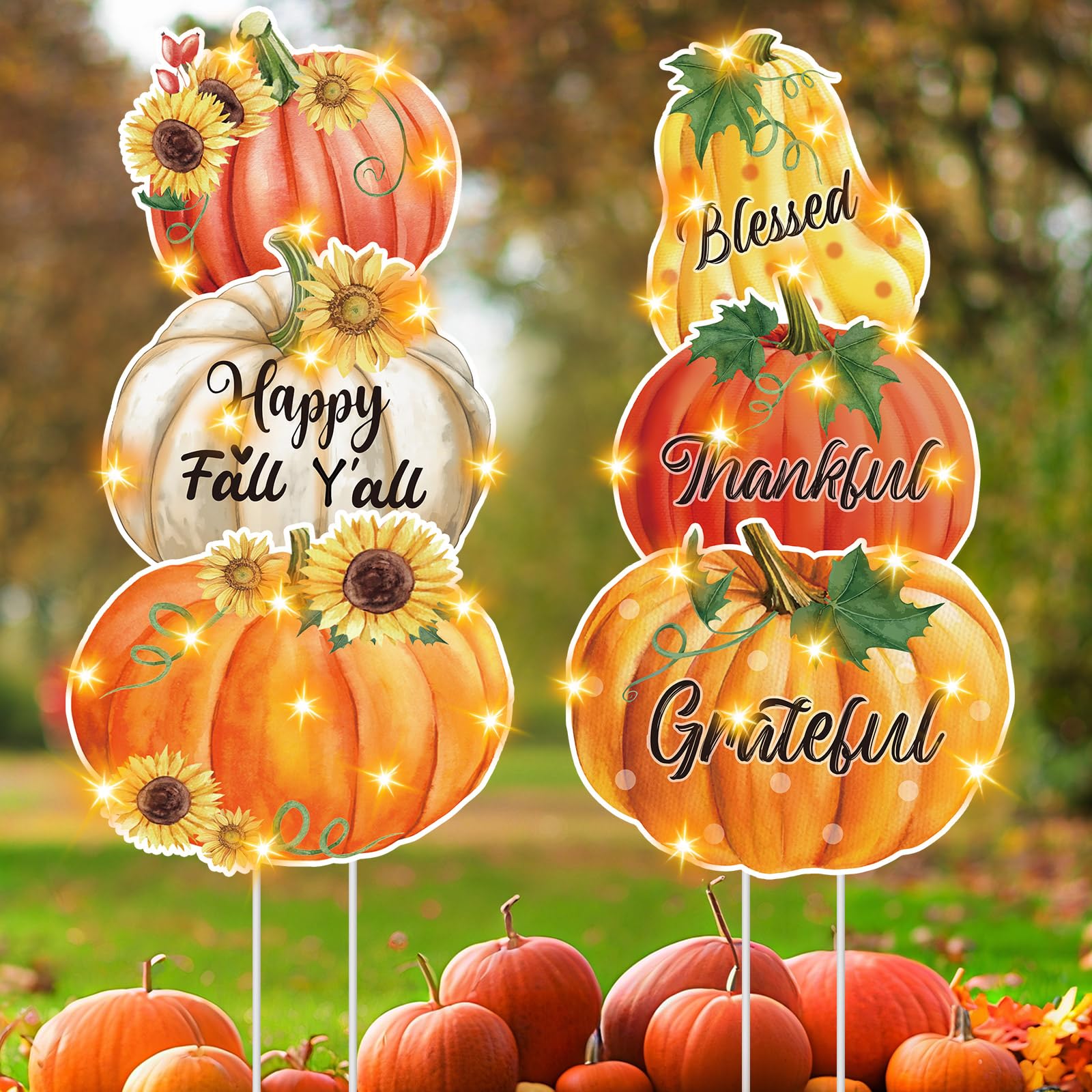 Photo 1 of AceOrbit 6 Pcs Thanksgiving Fall Pumpkin Outdoor Decorations Thanksgiving Yard Stakes Set Pumpkin Garden Stakes Decor with Lights Yard Sign for Harvest Outdoor Lawn Driveway Decor