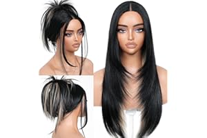 BrownBomb Black Blond Skunk Stripe Wear and Go Glueless Wigs Pre Plucked Pre Cut for Beginners Synthetic Lace Front Wigs With Bangs Long Straight layered Wigs Highlights 26 Inch 3 Seconds to Wear